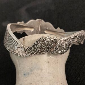 Vintage Double Headed Snake Clamper Hinged Bracelet Niello Inspired